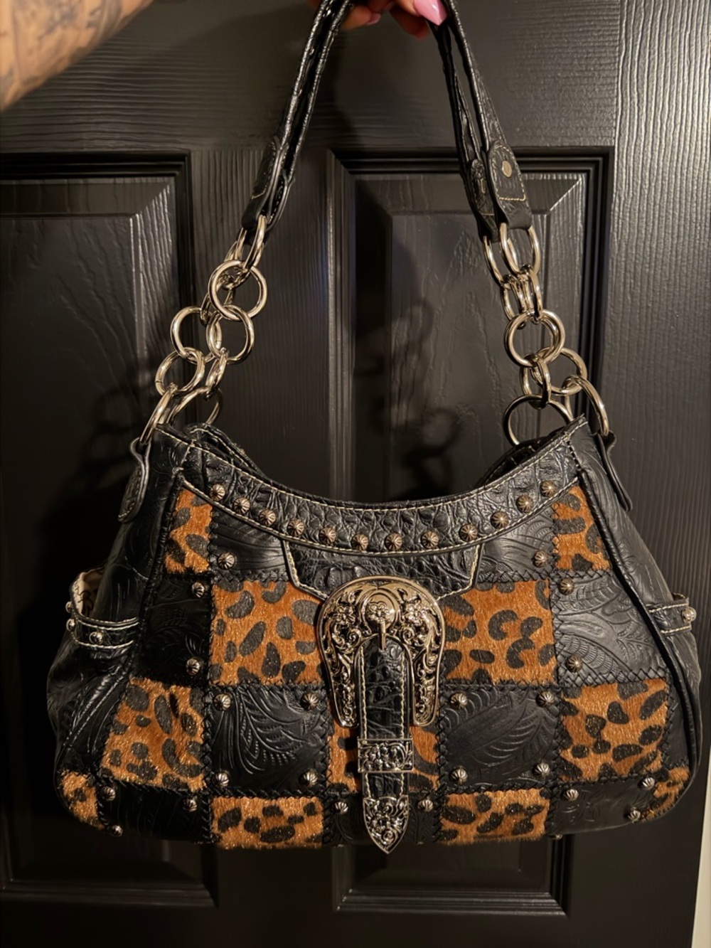 Y2K Western Buckle Black & Leopard Patch Purse